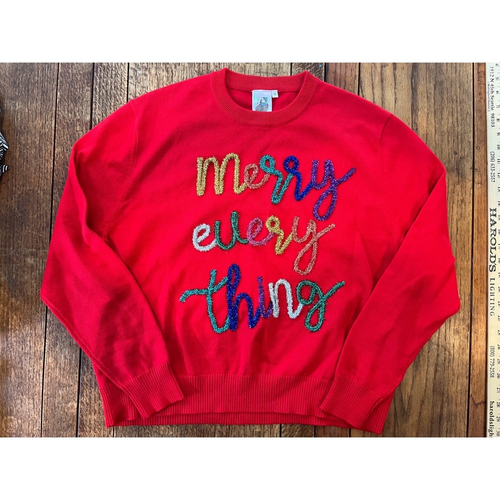 Queen of Sparkles Merry Everything Christmas tinsel red knit sweater M kitsch